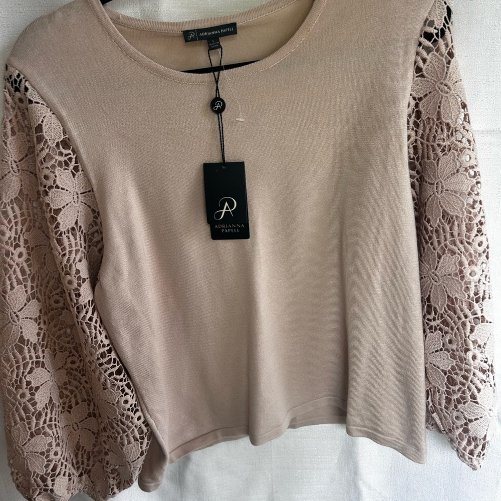 Adrianna Papell Lace Sleeve Pullover in Taupe